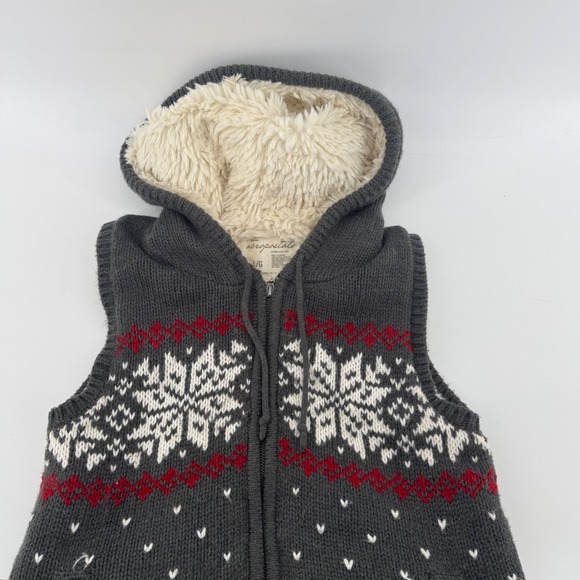 Y2K Aeropostale Womens Gray Fair Isle Snowflake Sherpa Lined Cozy Hooded Vest Lg - Picture 4 of 13